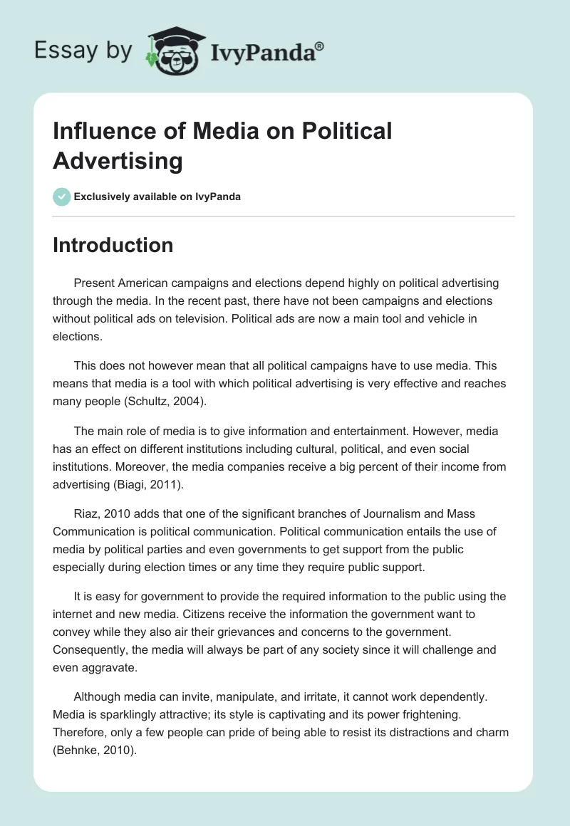 Influence of Media on Political Advertising. Page 1