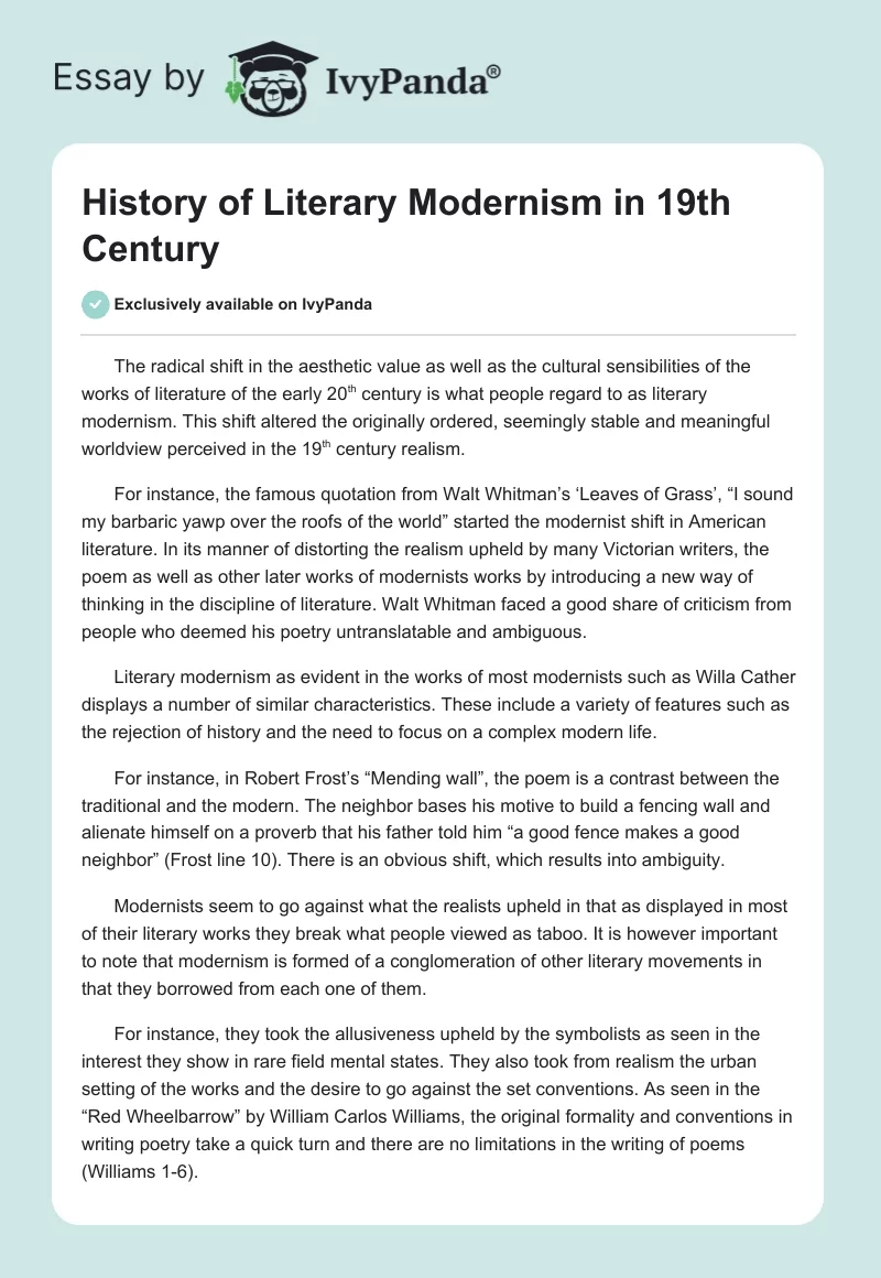 History of Literary Modernism in 19th Century. Page 1