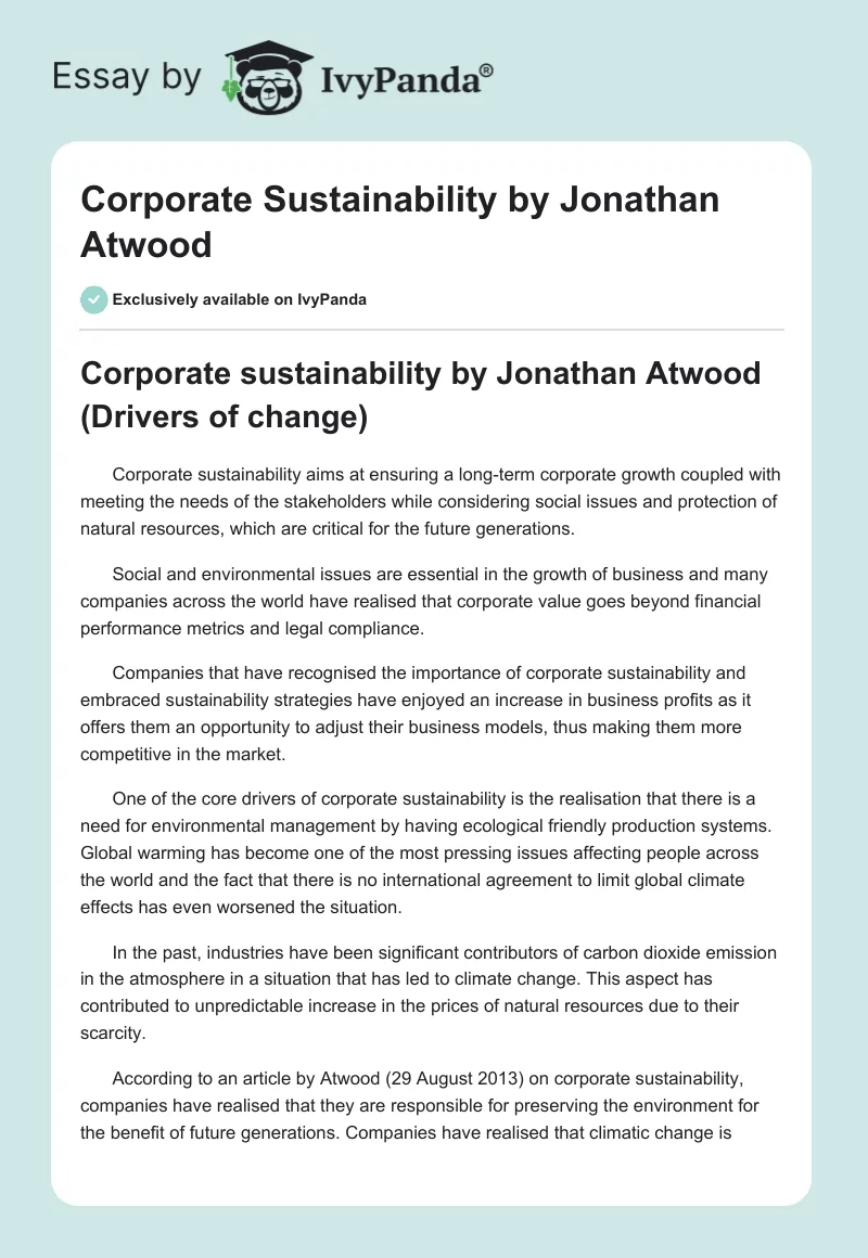 Corporate Sustainability by Jonathan Atwood. Page 1
