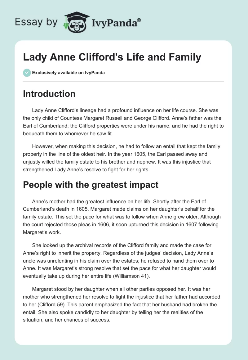 Lady Anne Clifford's Life and Family. Page 1