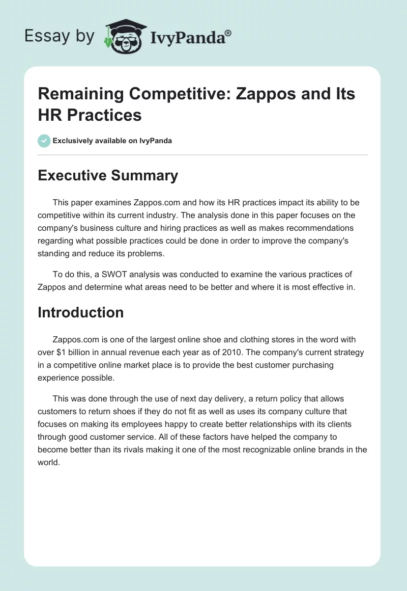 Remaining Competitive: Zappos and Its HR Practices. Page 1