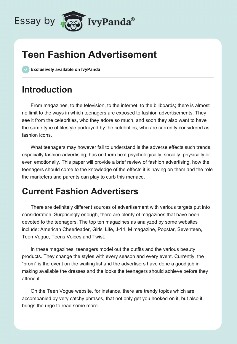 Teen Fashion Advertisement. Page 1