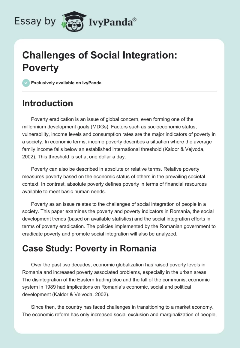 Challenges of Social Integration: Poverty. Page 1