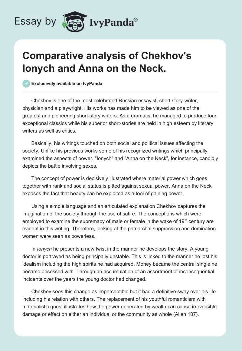 Comparative analysis of Chekhov's "Ionych" and "Anna on the Neck".. Page 1