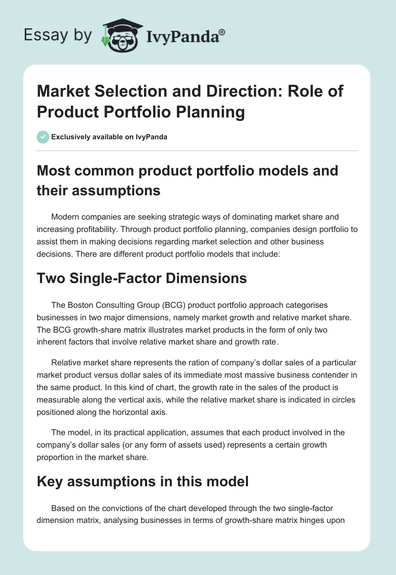 Market Selection and Direction: Role of Product Portfolio Planning. Page 1