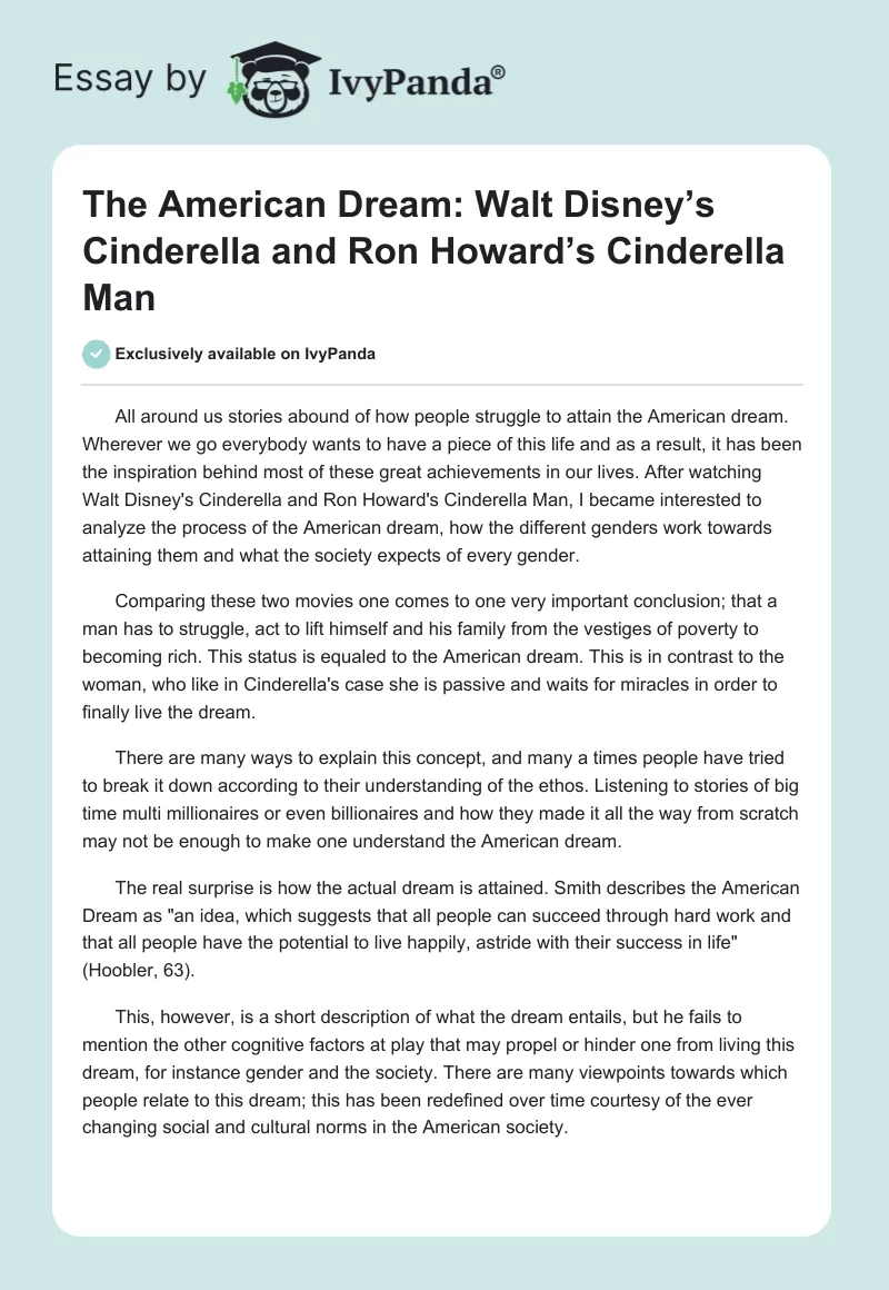 The American Dream: Walt Disney’s Cinderella and Ron Howard’s Cinderella Man. Page 1