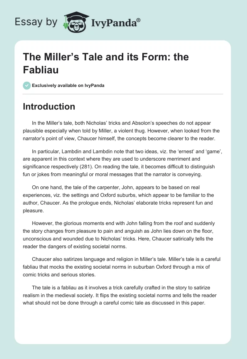 The Miller’s Tale and its Form: the Fabliau. Page 1