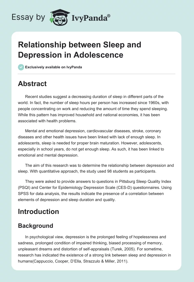 Relationship Between Sleep and Depression in Adolescence. Page 1