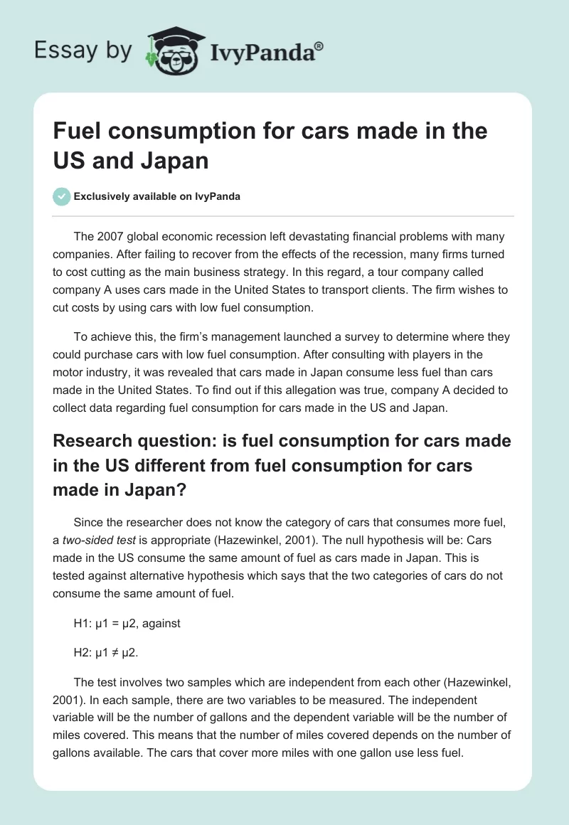 Fuel Consumption for Cars Made in the US and Japan. Page 1