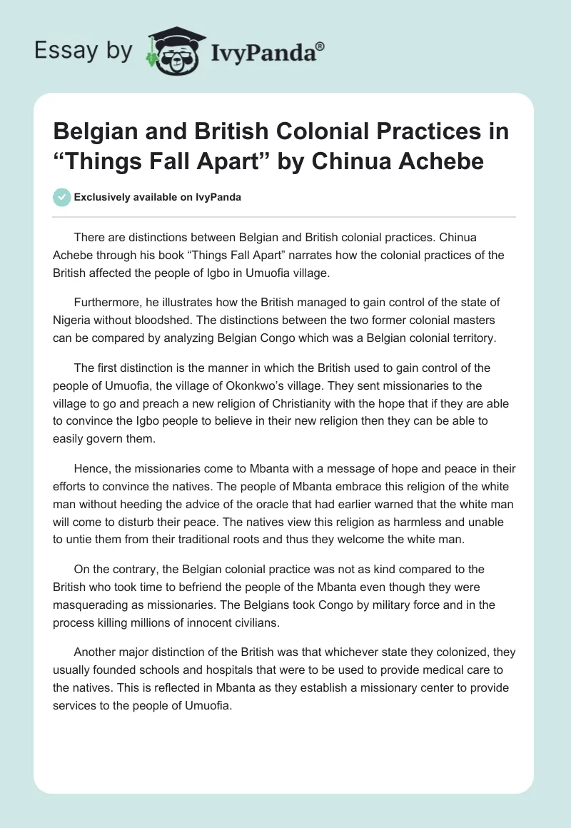 Belgian and British Colonial Practices in “Things Fall Apart” by Chinua Achebe. Page 1