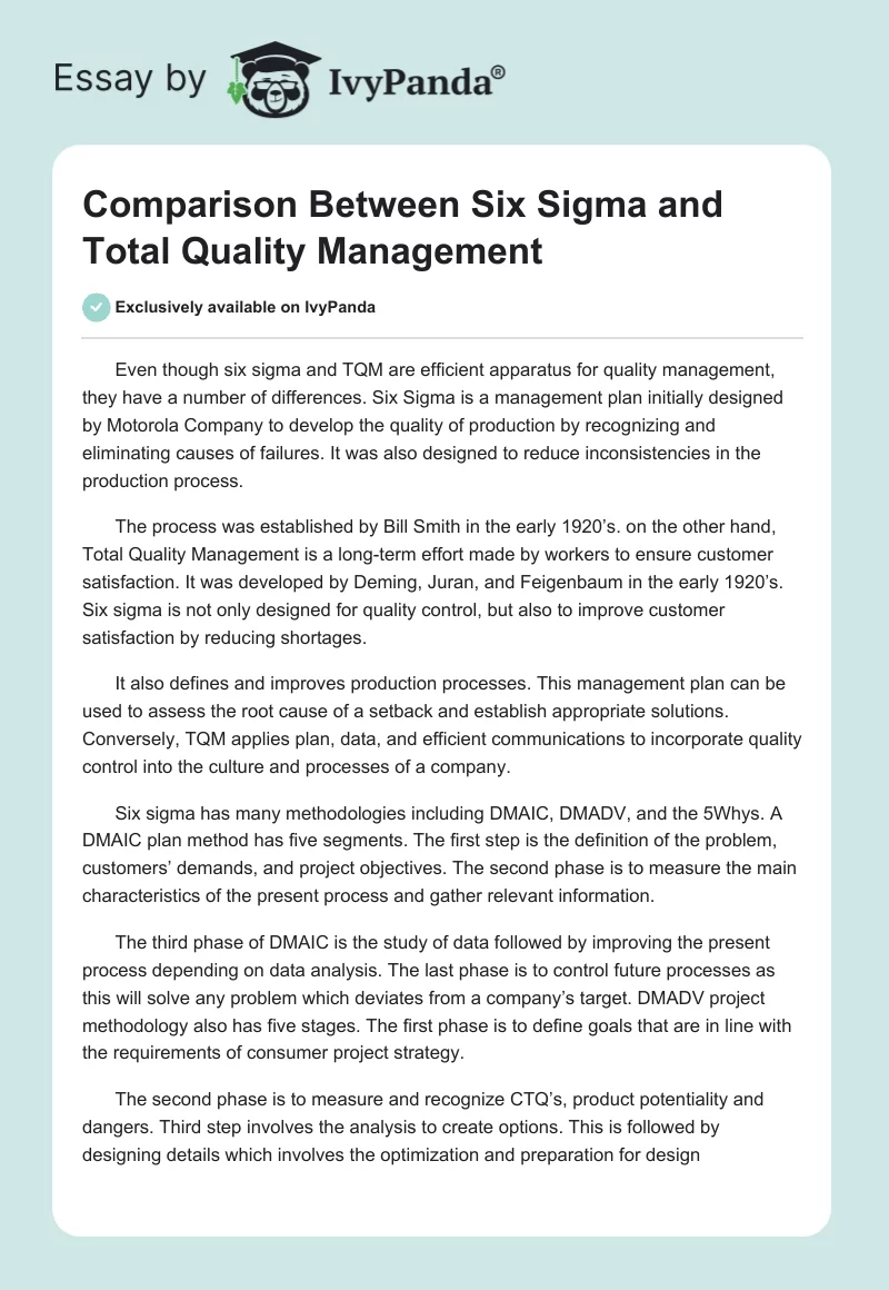 Comparison Between Six Sigma and Total Quality Management. Page 1