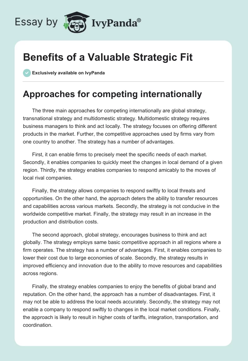Benefits of a Valuable Strategic Fit. Page 1