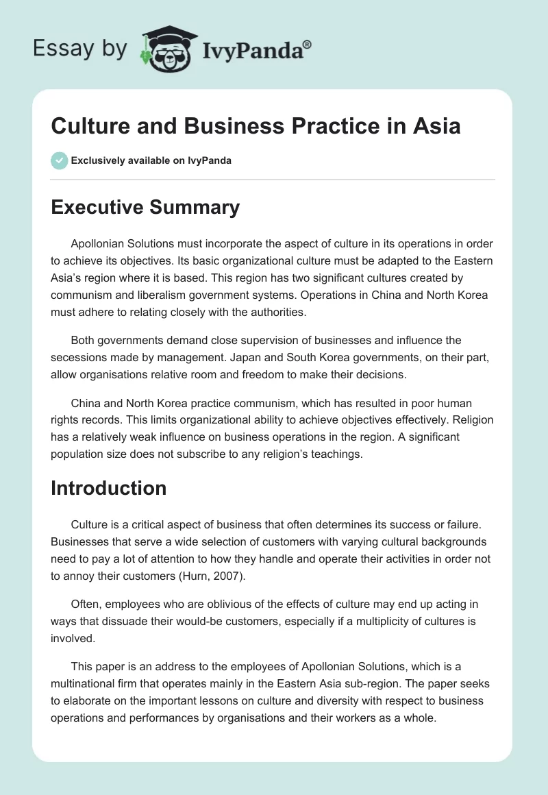 Culture and Business Practice in Asia. Page 1