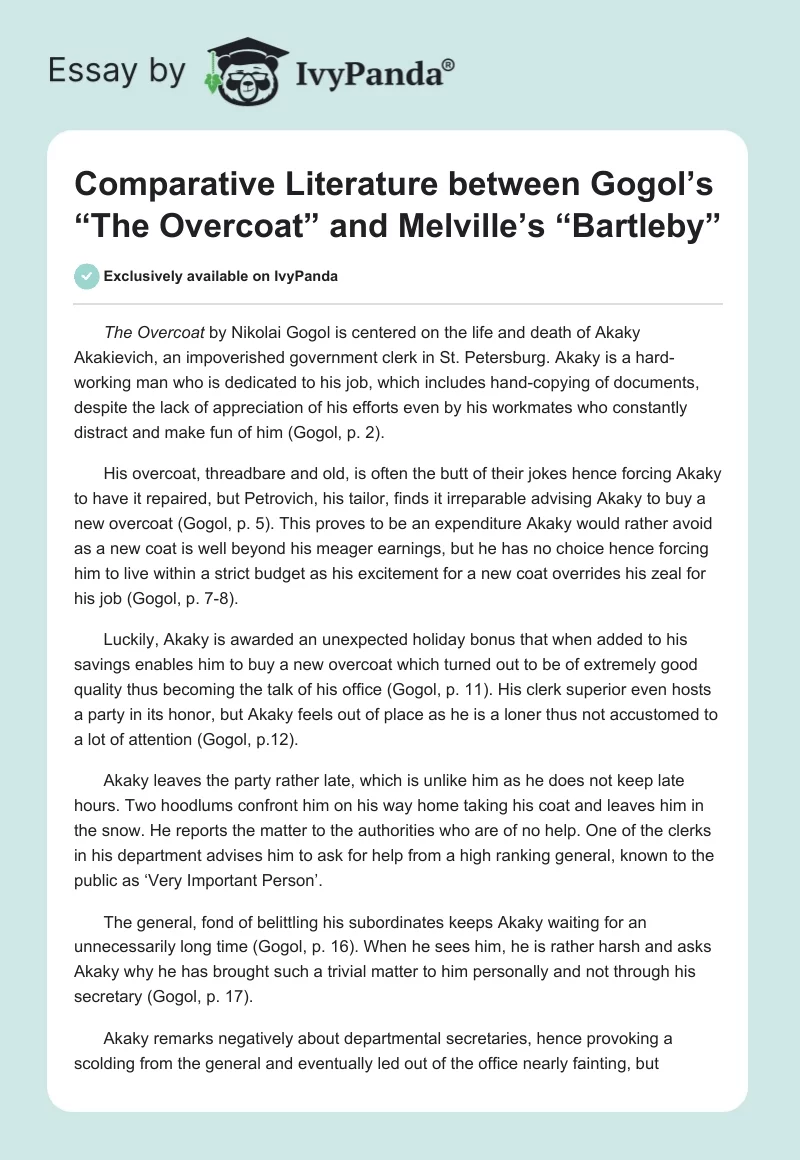 Comparative Literature between Gogol’s “The Overcoat” and Melville’s “Bartleby”. Page 1
