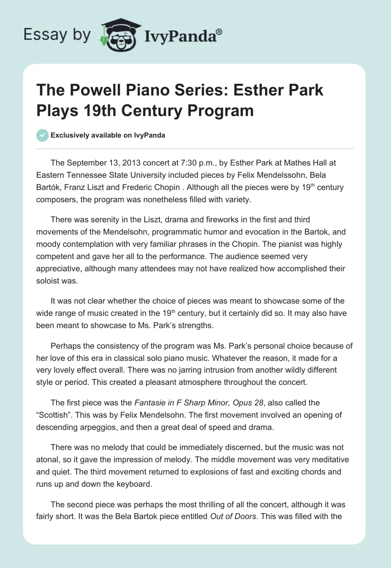 The Powell Piano Series: Esther Park Plays 19th Century Program. Page 1