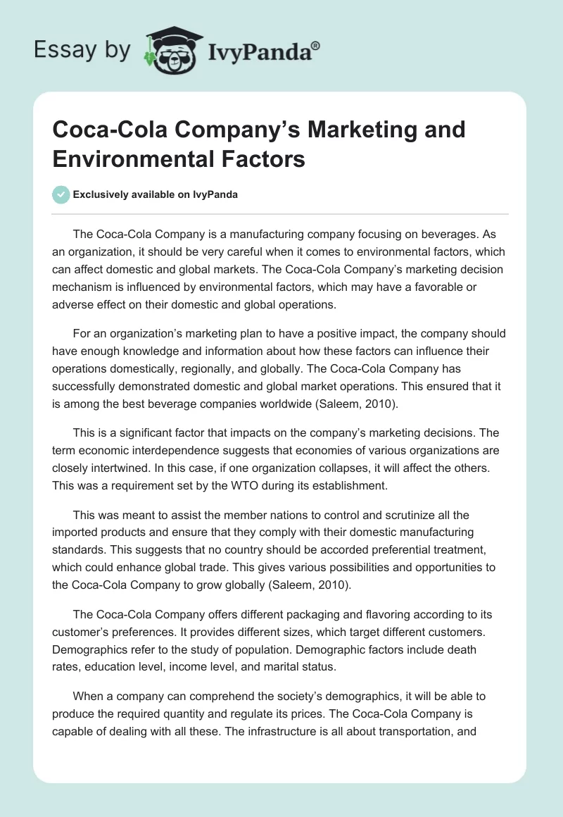 Coca-Cola Company’s Marketing and Environmental Factors. Page 1