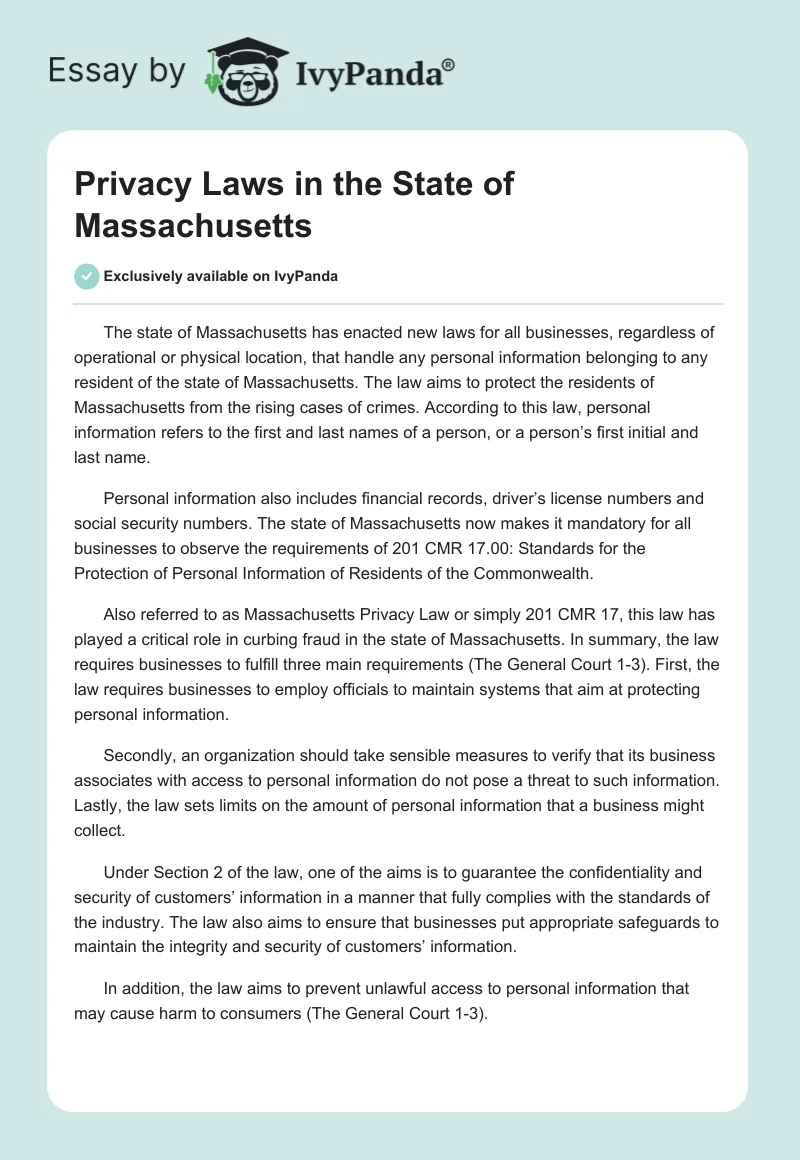 Privacy Laws in the State of Massachusetts. Page 1