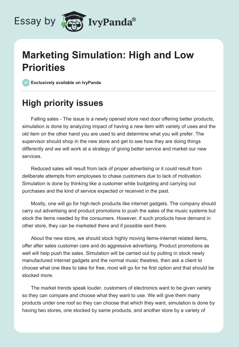 Marketing Simulation: High and Low Priorities. Page 1