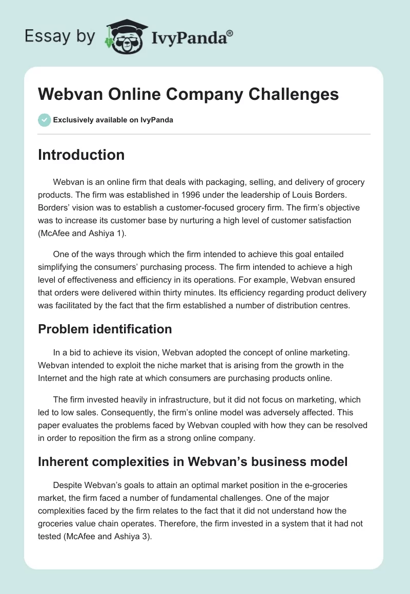 Webvan Online Company Challenges. Page 1