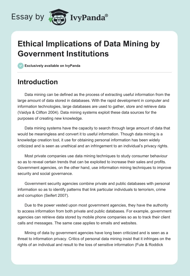 Ethical Implications of Data Mining by Government Institutions. Page 1