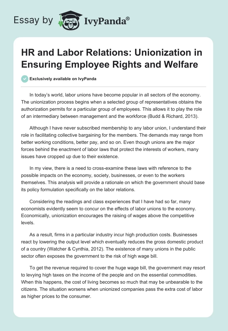 HR and Labor Relations: Unionization in Ensuring Employee Rights and Welfare. Page 1