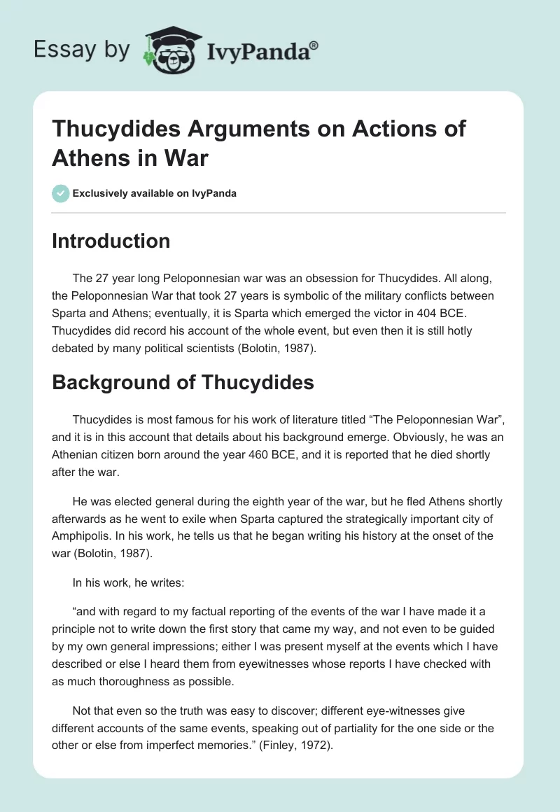 Thucydides Arguments on Actions of Athens in War. Page 1