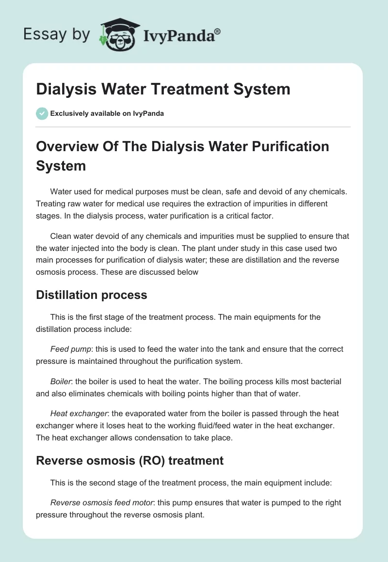 Dialysis Water Treatment System. Page 1