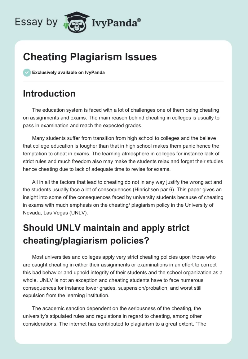 Cheating Plagiarism Issues. Page 1