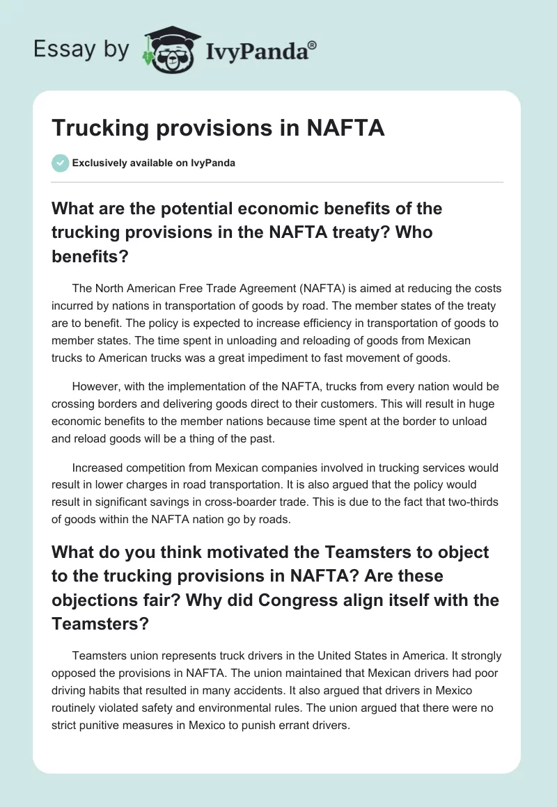 Trucking provisions in NAFTA. Page 1