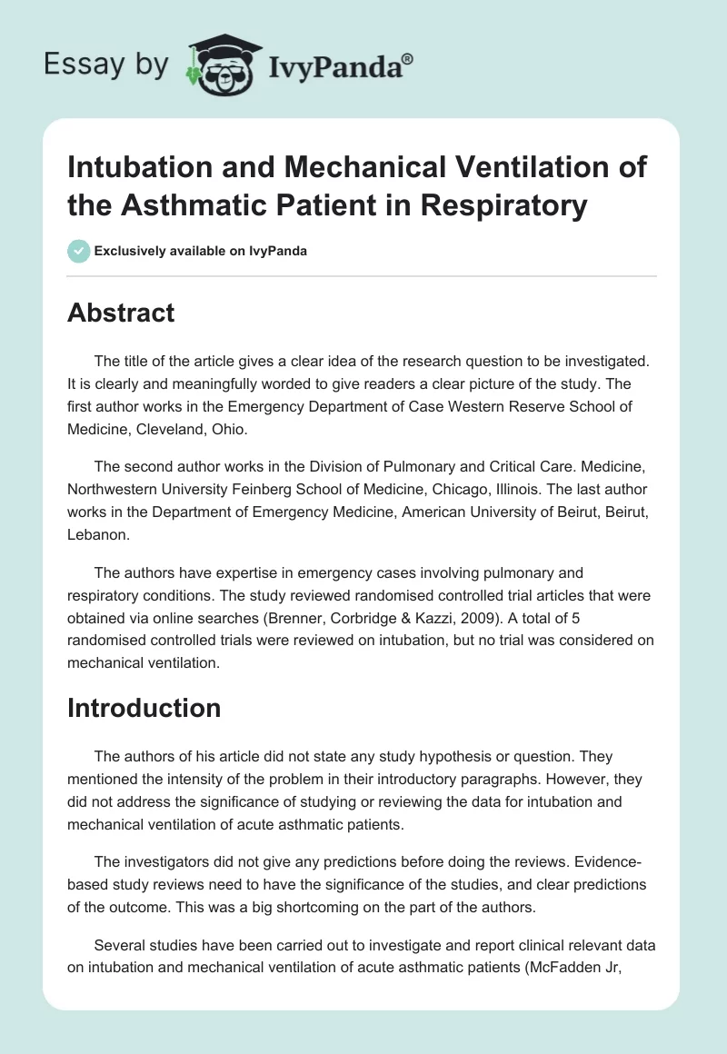 Intubation and Mechanical Ventilation of the Asthmatic Patient in Respiratory. Page 1