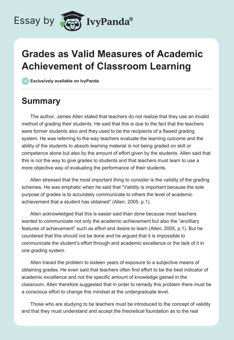 Grades as Valid Measures of Academic Achievement of Classroom Learning. Page 1
