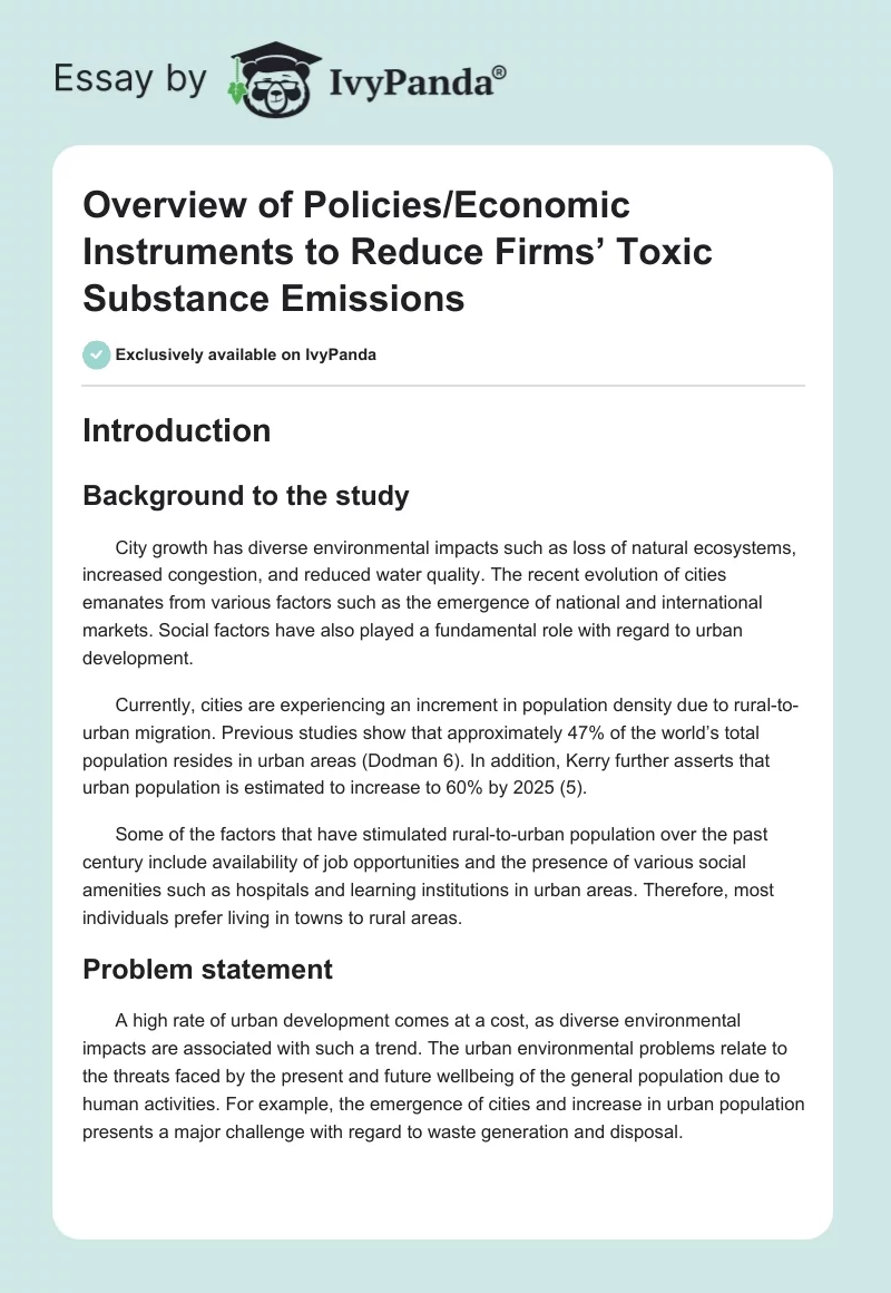 Overview of Policies/Economic Instruments to Reduce Firms’ Toxic Substance Emissions. Page 1