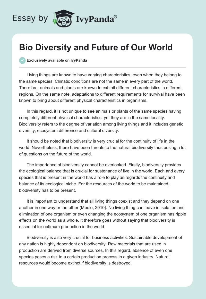 Bio Diversity and Future of Our World. Page 1