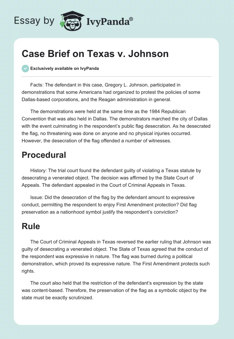 Case Brief on Texas v. Johnson. Page 1