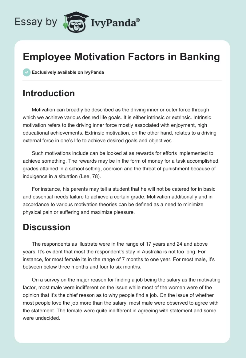 Employee Motivation Factors in Banking. Page 1