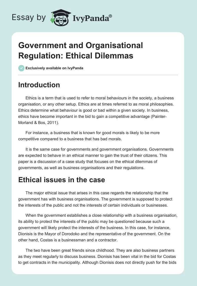 Government and Organisational Regulation: Ethical Dilemmas. Page 1