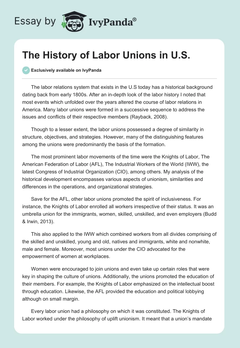 The History of Labor Unions in U.S.. Page 1