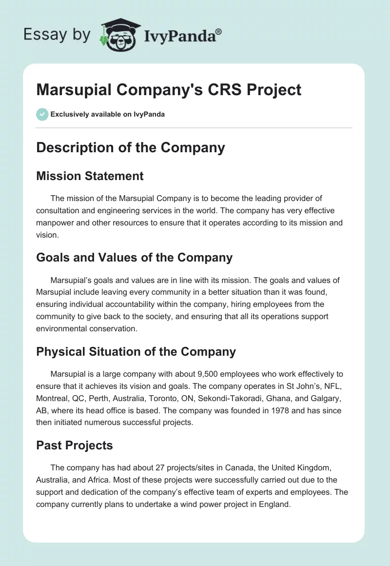 Marsupial Company's CRS Project. Page 1