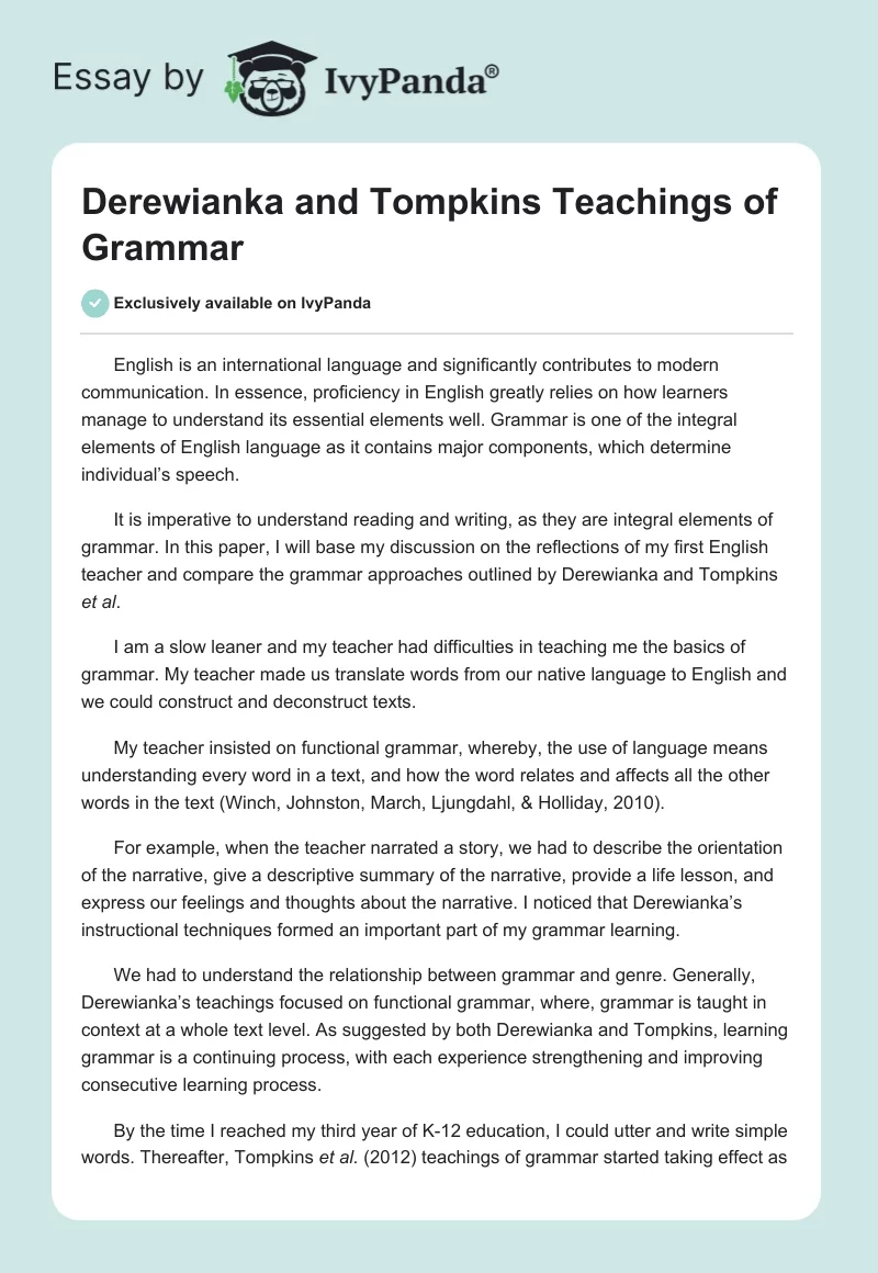 Derewianka and Tompkins Teachings of Grammar. Page 1
