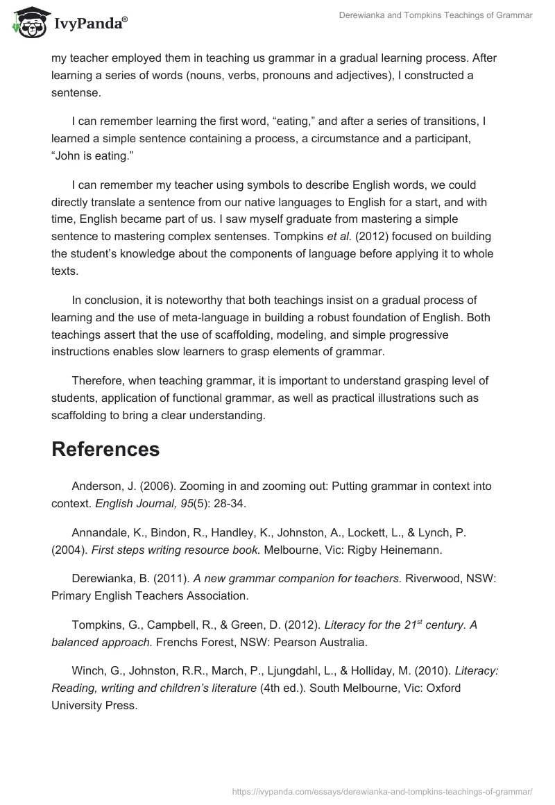 Derewianka and Tompkins Teachings of Grammar. Page 2