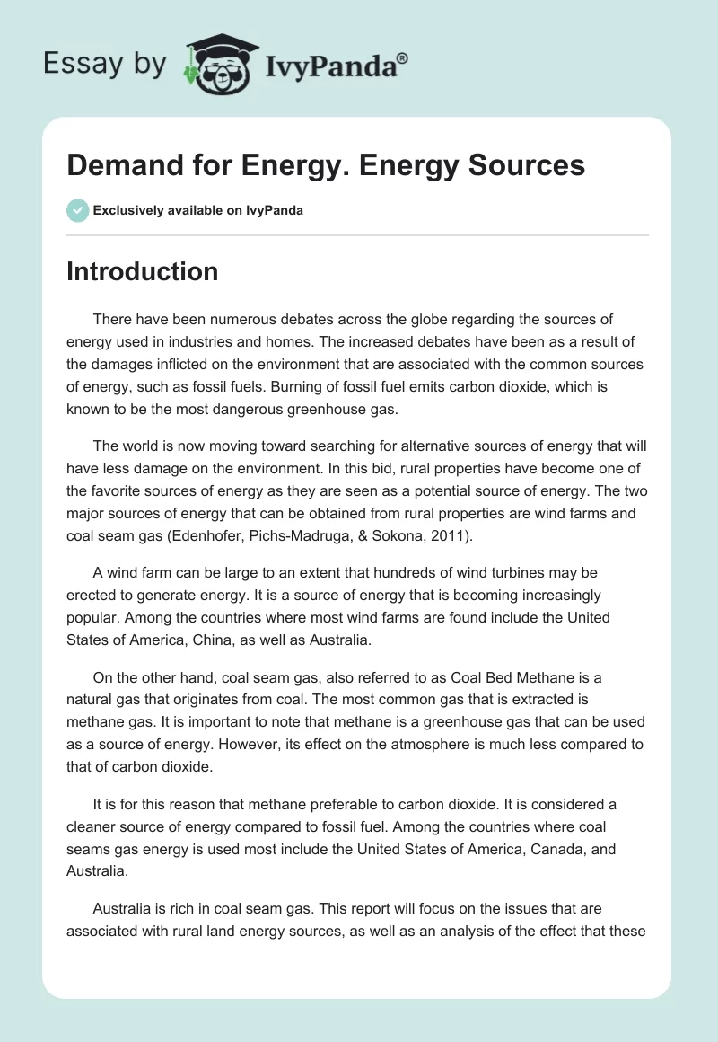 Demand for Energy. Energy Sources. Page 1