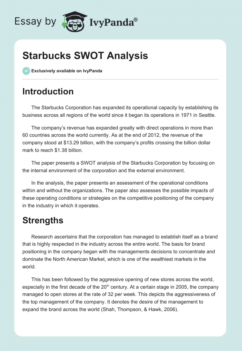 Starbucks SWOT Analysis 1489 Words Essay Example