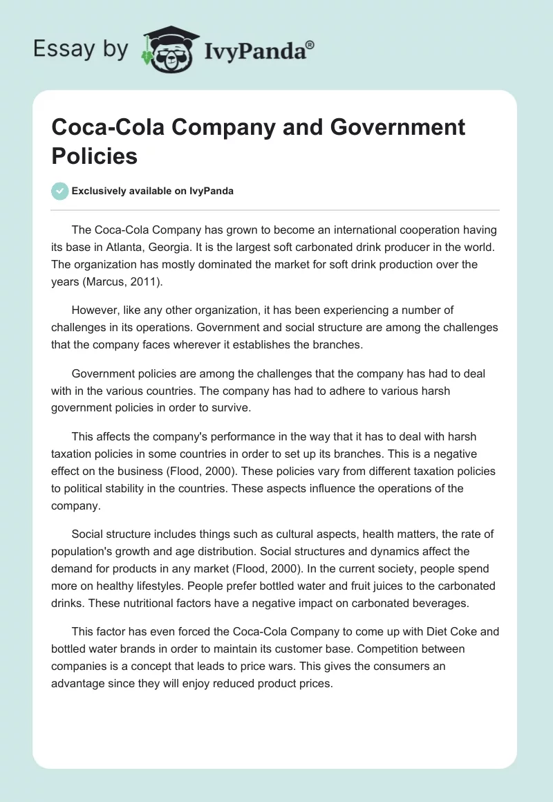 Coca-Cola Company and Government Policies. Page 1