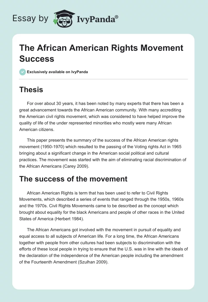 The African American Rights Movement Success. Page 1