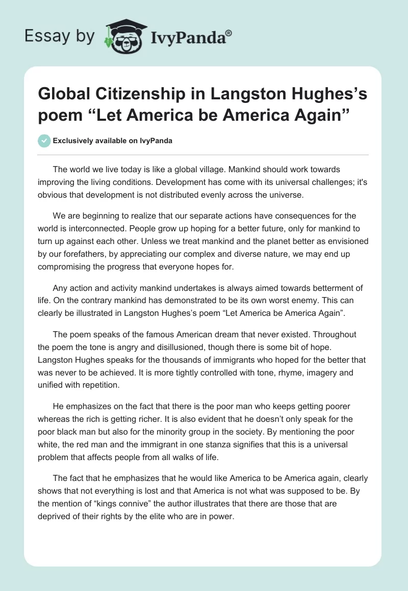 Global Citizenship in Langston Hughes’s poem “Let America be America Again”. Page 1
