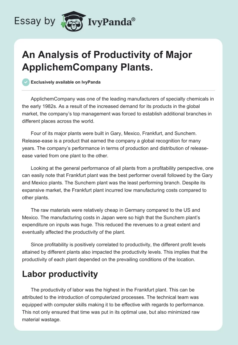 An Analysis of Productivity of Major ApplichemCompany Plants.. Page 1