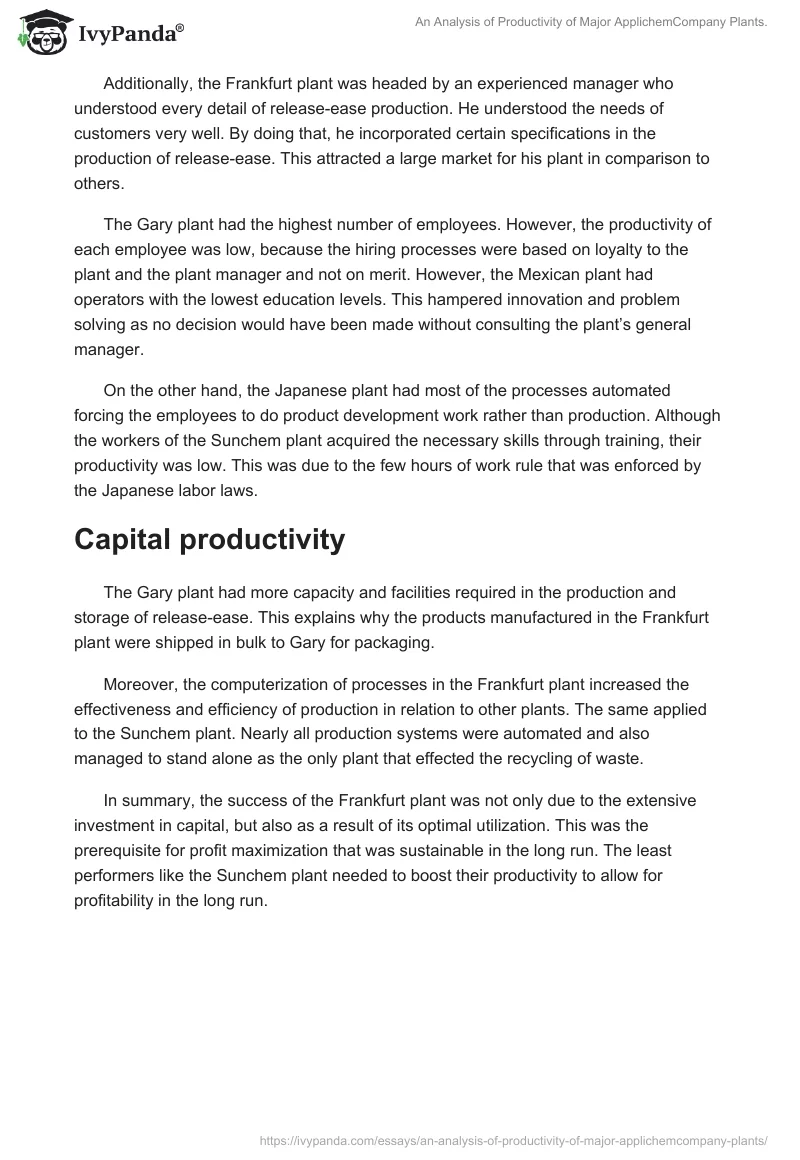 An Analysis of Productivity of Major ApplichemCompany Plants.. Page 2