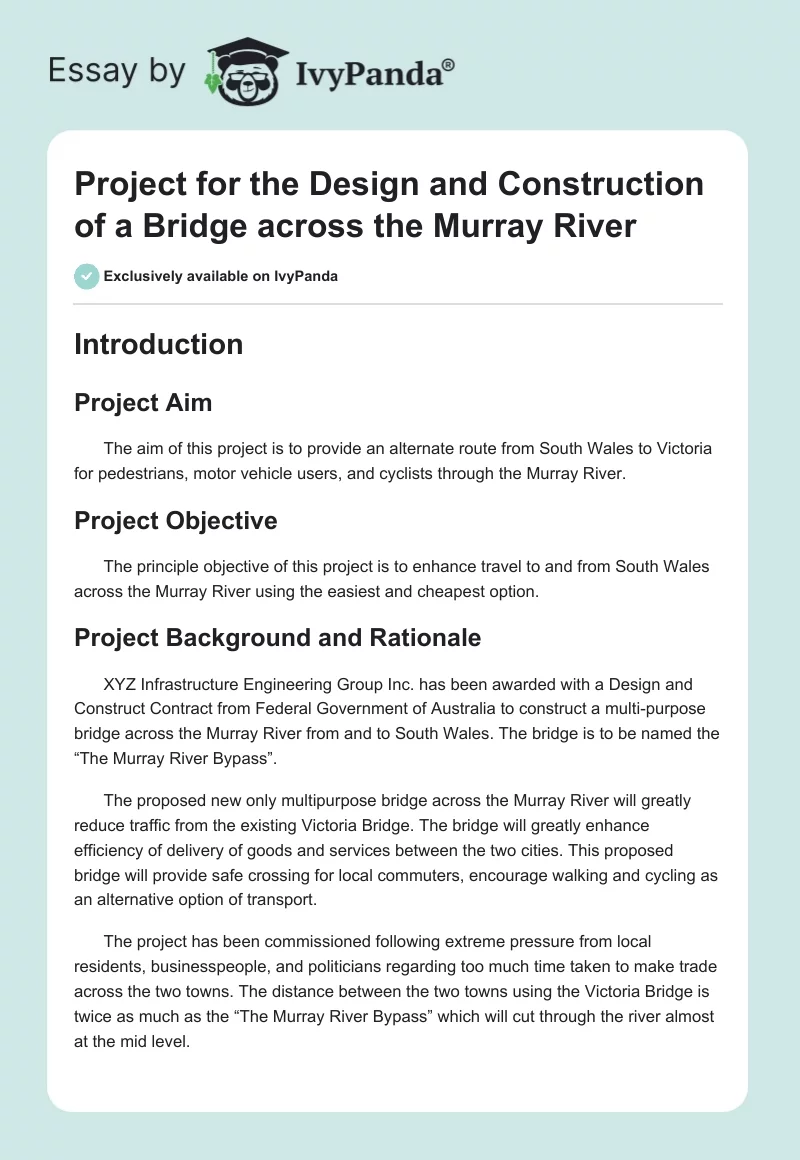 Project for the Design and Construction of a Bridge Across the Murray River. Page 1