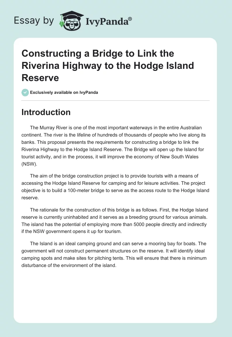 Constructing a Bridge to Link the Riverina Highway to the Hodge Island Reserve. Page 1