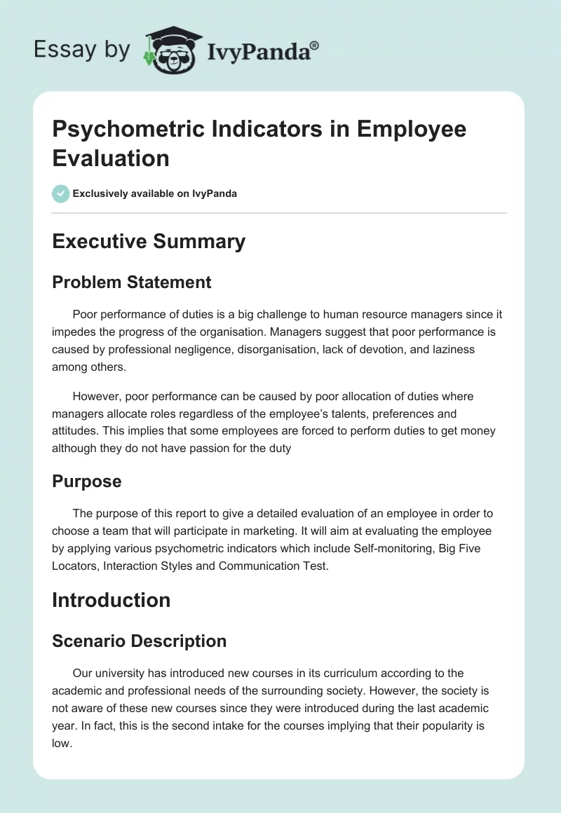 Psychometric Indicators in Employee Evaluation. Page 1